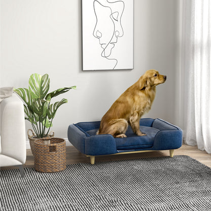 PawHut Sofá para Cães Grandes Cama Elevada para Cães com Pés de Madeira e Almofada Lavável Cama para Animais de Estimação Carga 30 kg 96x66x24 cm Azul Escuro