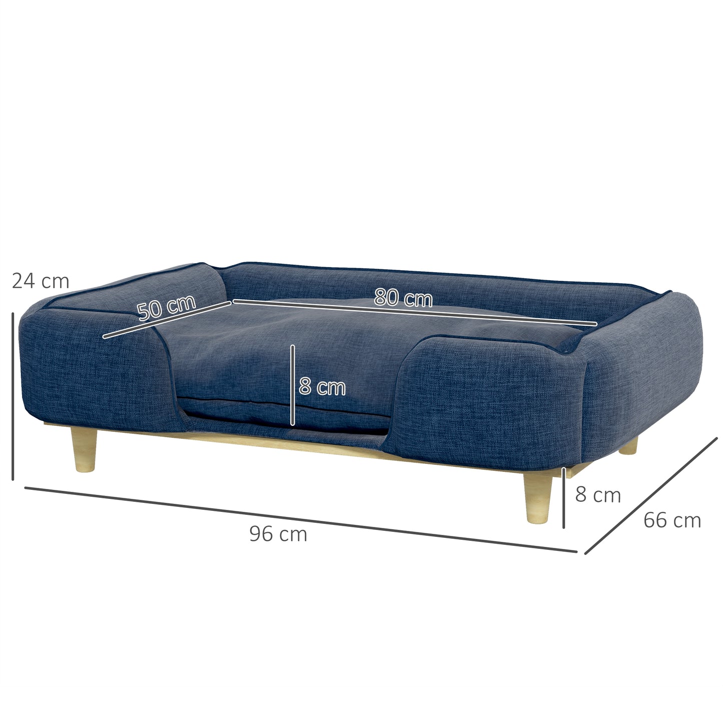 PawHut Sofá para Cães Grandes Cama Elevada para Cães com Pés de Madeira e Almofada Lavável Cama para Animais de Estimação Carga 30 kg 96x66x24 cm Azul Escuro