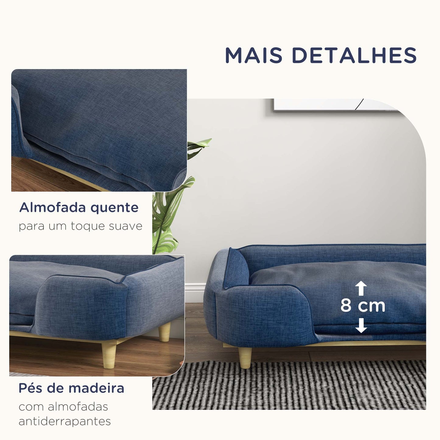 PawHut Sofá para Cães Grandes Cama Elevada para Cães com Pés de Madeira e Almofada Lavável Cama para Animais de Estimação Carga 30 kg 96x66x24 cm Azul Escuro