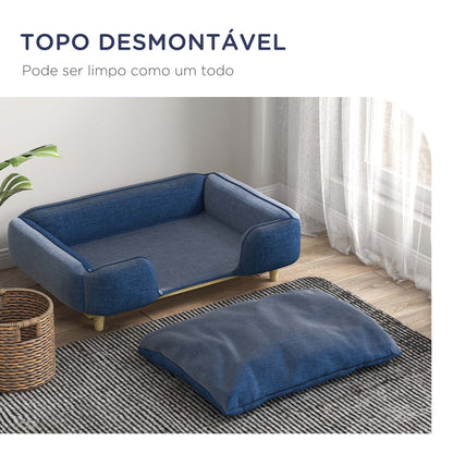 PawHut Sofá para Cães Grandes Cama Elevada para Cães com Pés de Madeira e Almofada Lavável Cama para Animais de Estimação Carga 30 kg 96x66x24 cm Azul Escuro