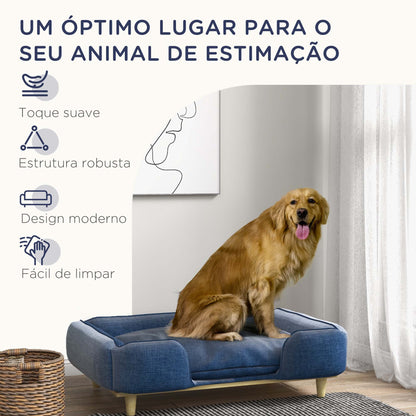 PawHut Sofá para Cães Grandes Cama Elevada para Cães com Pés de Madeira e Almofada Lavável Cama para Animais de Estimação Carga 30 kg 96x66x24 cm Azul Escuro