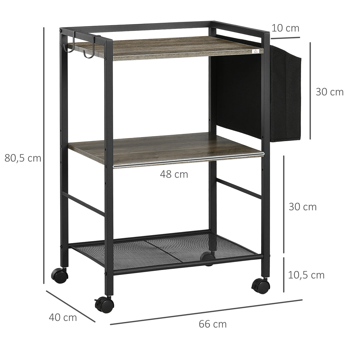 Carrinho Auxiliar com Rodas Carrinho de Armazenamento de 3 Níveis com Bolsa de Tecido 2 Ganchos e Estrutura de Aço para Sala de Estar Cozinha Escritório 66x40x80,5cm Cinza