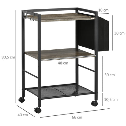 Carrinho Auxiliar com Rodas Carrinho de Armazenamento de 3 Níveis com Bolsa de Tecido 2 Ganchos e Estrutura de Aço para Sala de Estar Cozinha Escritório 66x40x80,5cm Cinza