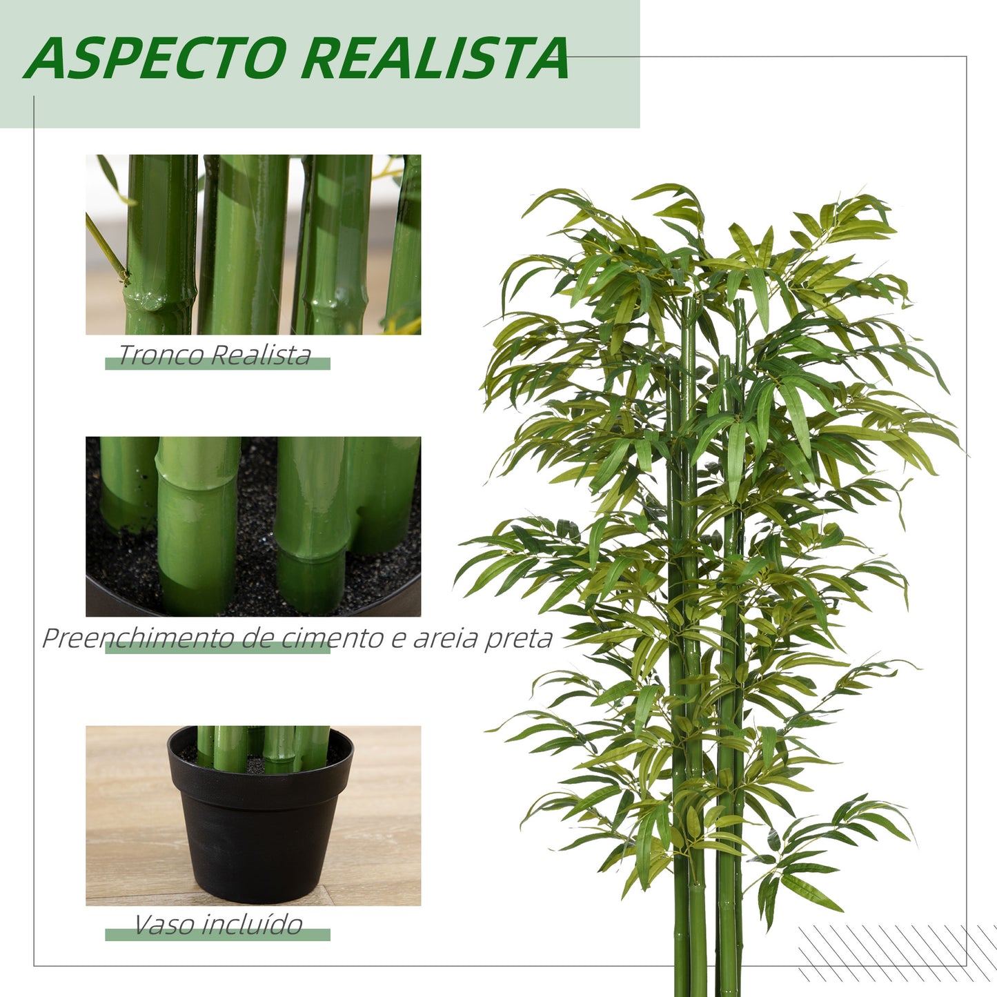 HOMCOM Planta Artificial Bambu em Vaso 180cm Bambu Artificial para Interiores e Exteriores Decoração de Sala de Estar Escritório Ø17x180 cm Verde