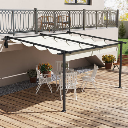 Outsunny Pérgola de Parede 4x3 m Pérgola de Jardim com Teto Retrátil de Poliéster e Estrutura de Aço para Festas Casamentos Creme e Cinza Escuro