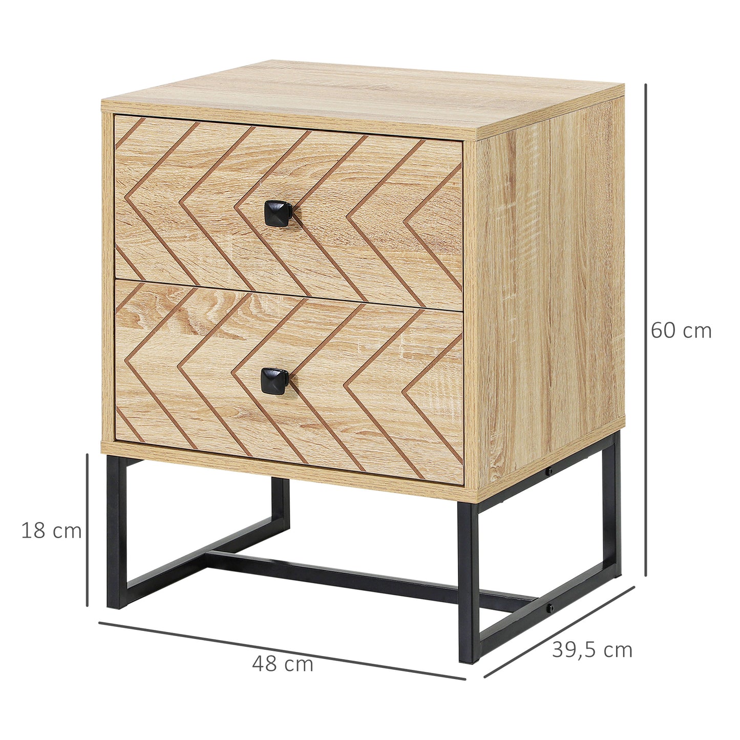 HOMCOM Conjunto de 2 Mesas de Cabeceira Mesas de Cabeceira com 2 Gavetas e Pés de Metal Estilo Moderno para Quarto Sala de Estar Escritório 48x39,5x60 cm Natural