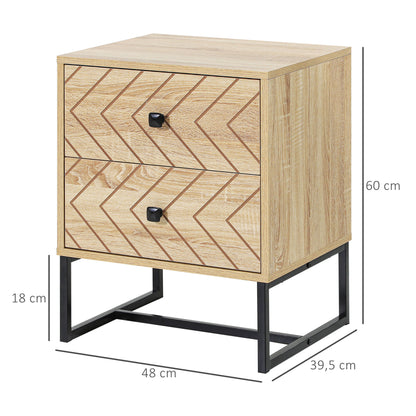 HOMCOM Conjunto de 2 Mesas de Cabeceira Mesas de Cabeceira com 2 Gavetas e Pés de Metal Estilo Moderno para Quarto Sala de Estar Escritório 48x39,5x60 cm Natural