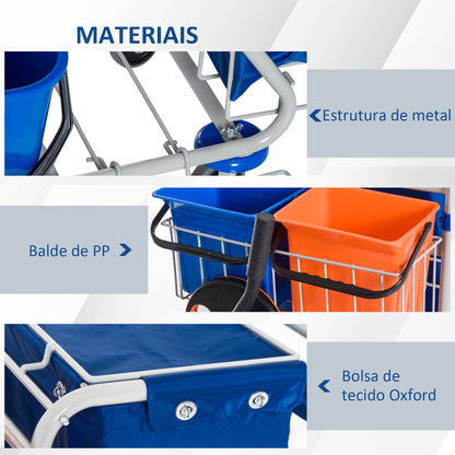 HOMCOM Carro de Limpeza Profissional com Balde Duplo Removível de 18 Litros Escorredor 2 Baldes Auxiliares e Bolsa de Lixo 100x70x103cm Azul e Laranja