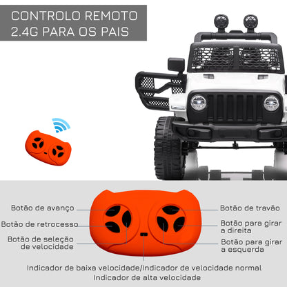 HOMCOM Carro Elétrico para Crianças acima de 3 anos Carro de Bateria 12V com 2 Motores Controle Remoto 2.4G Luzes Buzina Velocidade Ajustável Carga Máxima 30kg 100x65x72cm Branco