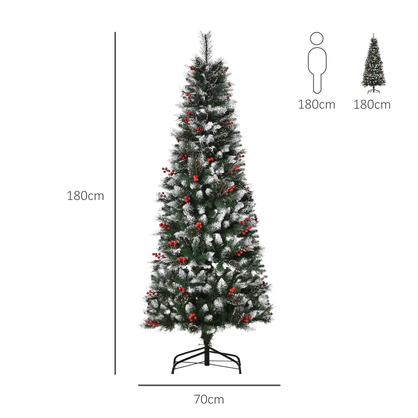 HOMCOM Árvore de Natal Artificial 180cm Ignífugo com 539 Ramos 51 Bagas Folhas de PVC Base Dobrável e Suporte Metálico Decoração de Natal para Interiores Verde