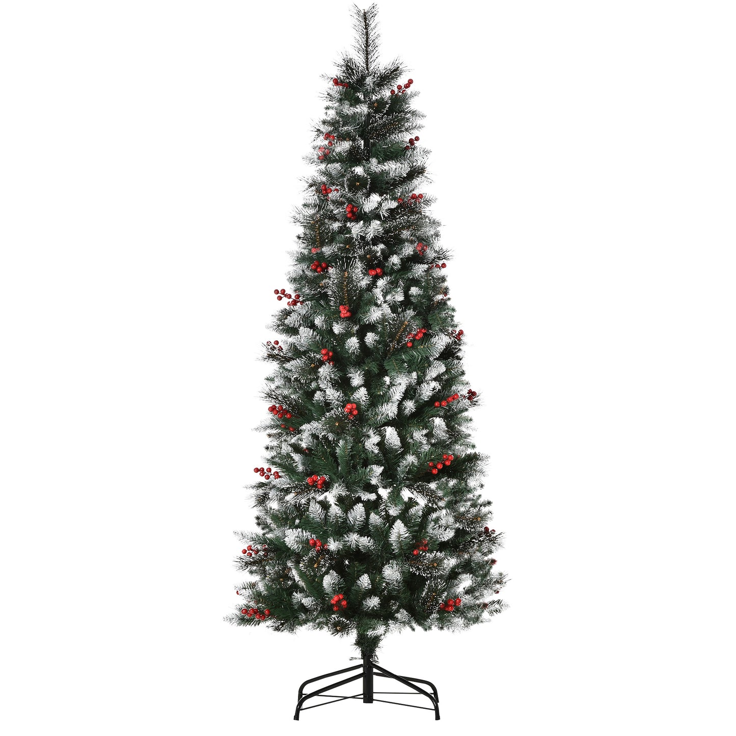 HOMCOM Árvore de Natal Artificial 180cm Ignífugo com 539 Ramos 51 Bagas Folhas de PVC Base Dobrável e Suporte Metálico Decoração de Natal para Interiores Verde