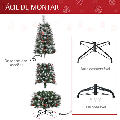 HOMCOM Árvore de Natal Artificial 180cm Ignífugo com 539 Ramos 51 Bagas Folhas de PVC Base Dobrável e Suporte Metálico Decoração de Natal para Interiores Verde