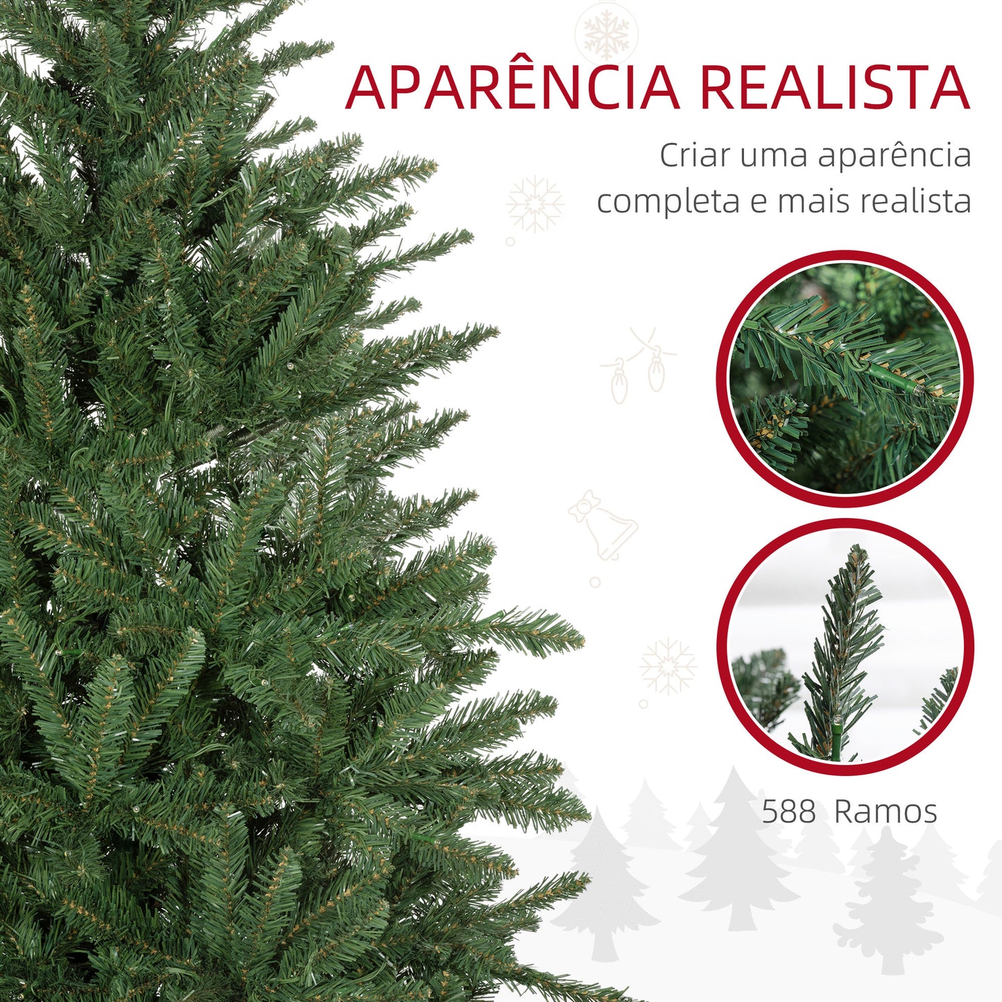 HOMCOM Árvore de Natal 150 cm Árvore de Natal Artificial com 220 Luzes LED 588 Ramos e Suporte de Metal Árvore Natalina para Sala Interior Verde