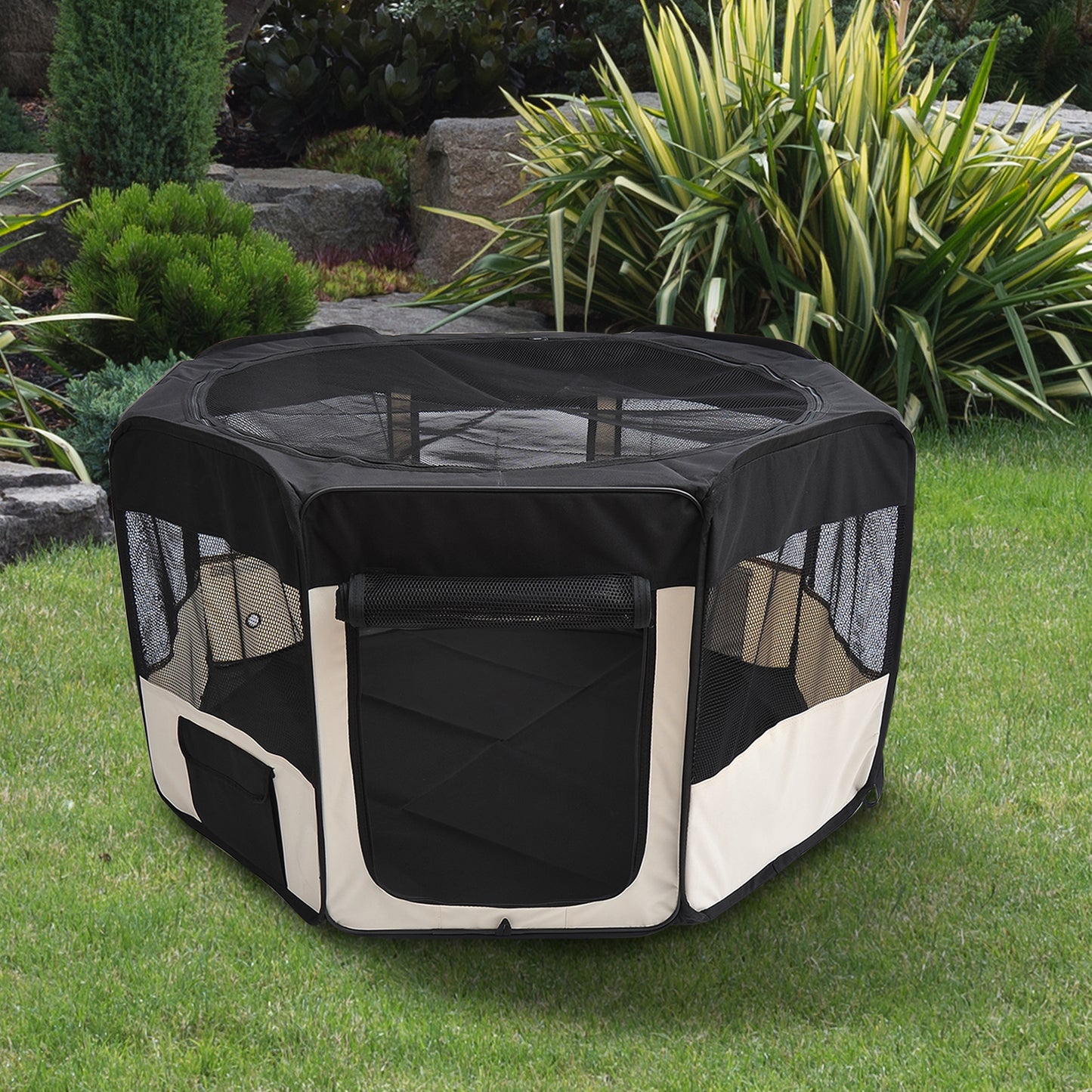 PawHut Parque Dobrável para Cães e Gatos Parque para Animais de Estimação com 2 Portas e Almofada Tecido Oxford Ø114x58 cm Preto e Creme