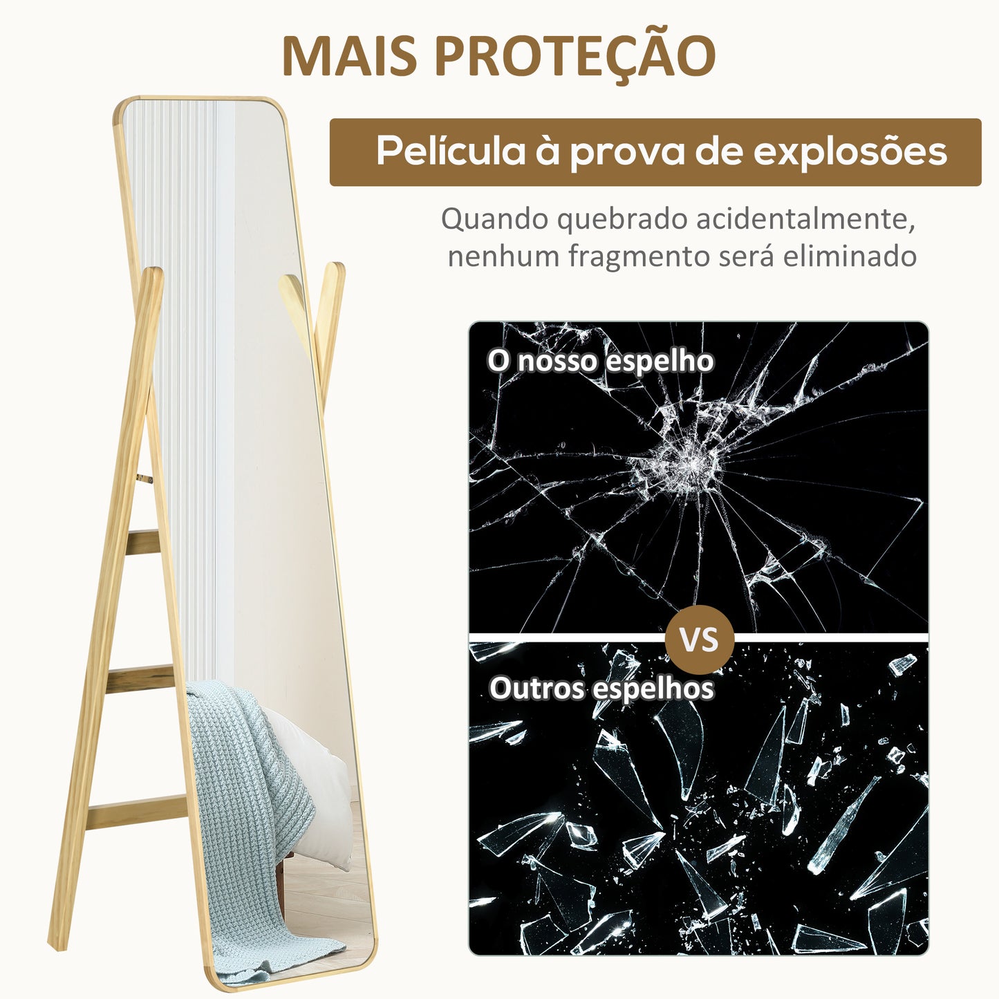 HOMCOM Espelho de Pé com Cabideiro Espelho de Corpo Inteiro 40x35x147cm Espelho com Estrutura de Madeira para Sala de Estar Dormitório Entrada Madeira