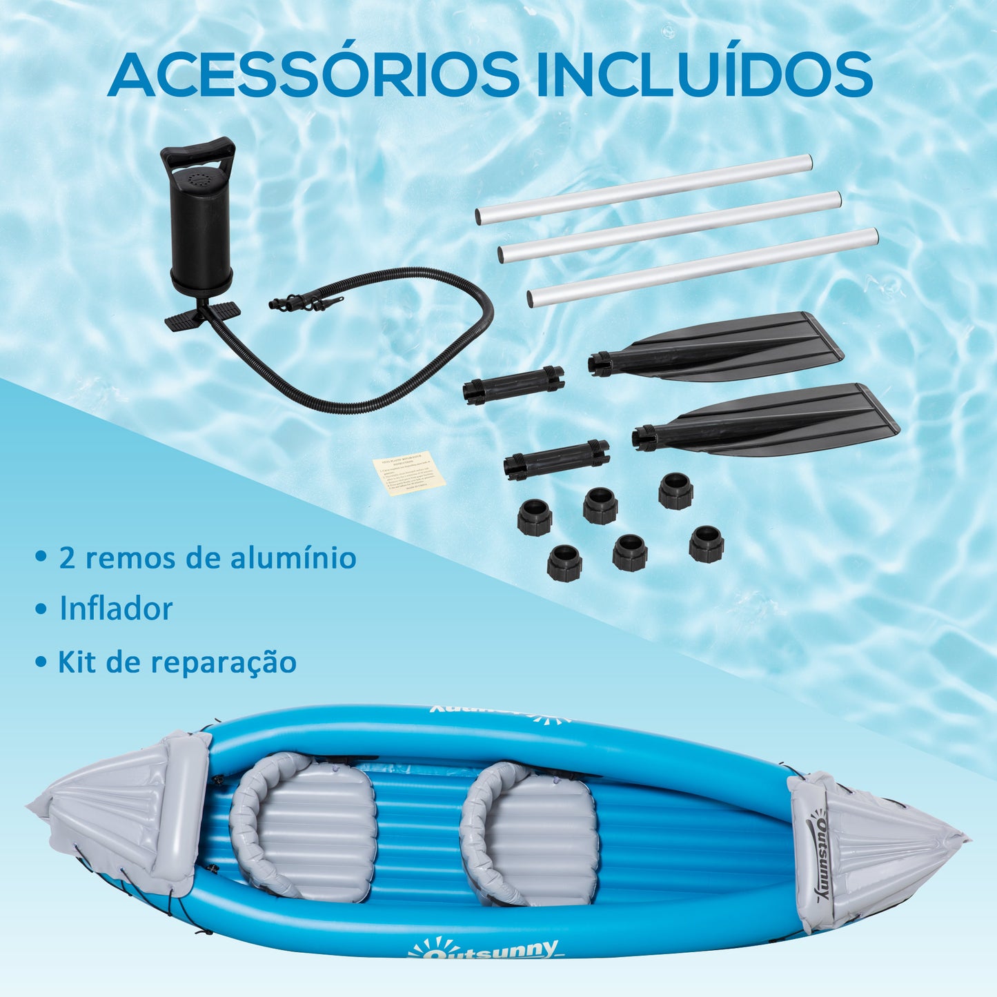 Outsunny Caiaque Insuflável para 2 Pessoas Caiaque Insuflável de PVC com 2 Assentos 2 Remos Bomba e Kit de Reparação 330x105x50cm Azul