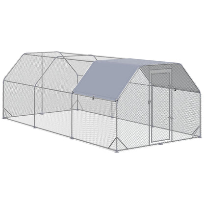 PawHut Galinheiro para Exterior Grande de Aço Galvanizado 280x570x195 cm Gaiola para Galinhas com Cobertura de Tecido Oxford Resistente aos Raios UV e Impermeável para Exterior Prata