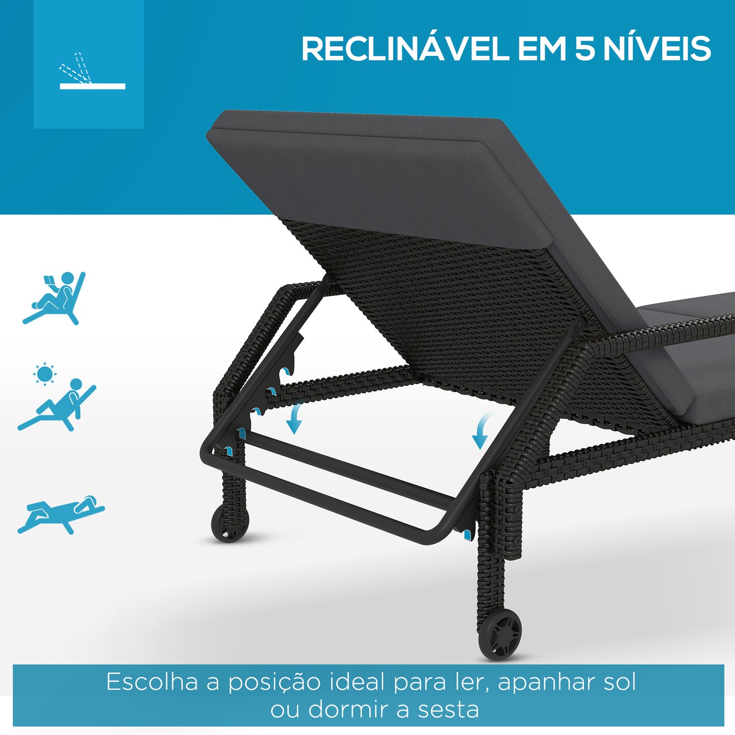 Outsunny Espreguiçadeira de Vime Chaise Longue de Jardim com Encosto Ajustável em 5 Posições Acolchoado e 2 Rodas Carga 120 kg 73x200x48 cm Cinza Escuro e Preto