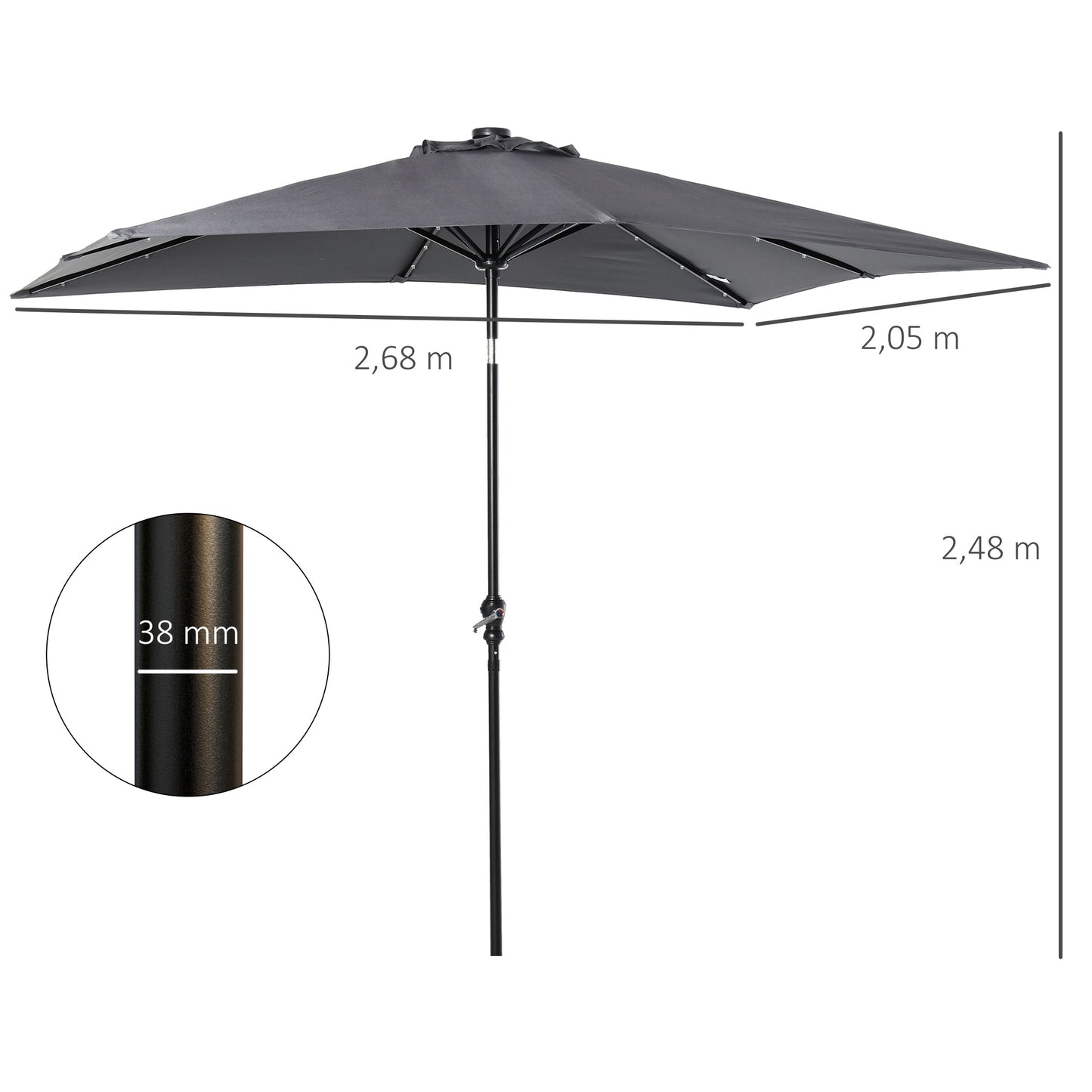 Outsunny Chapéu de Sol com Luzes LED 268x205x248 cm Chapéu de Sol de Jardim Inclinável até 45° Anti-UV e Abertura a Manivela para Pátio Varanda Cinza Escuro