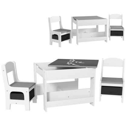 Conjunto de Mesa e 2 Cadeiras Infantis Mesa com Cadeiras para Crianças 2 em 1 com Ardósia Gavetas de Tecido e Espaço de Armazenamento para Quarto Sala de Jogos Cinza