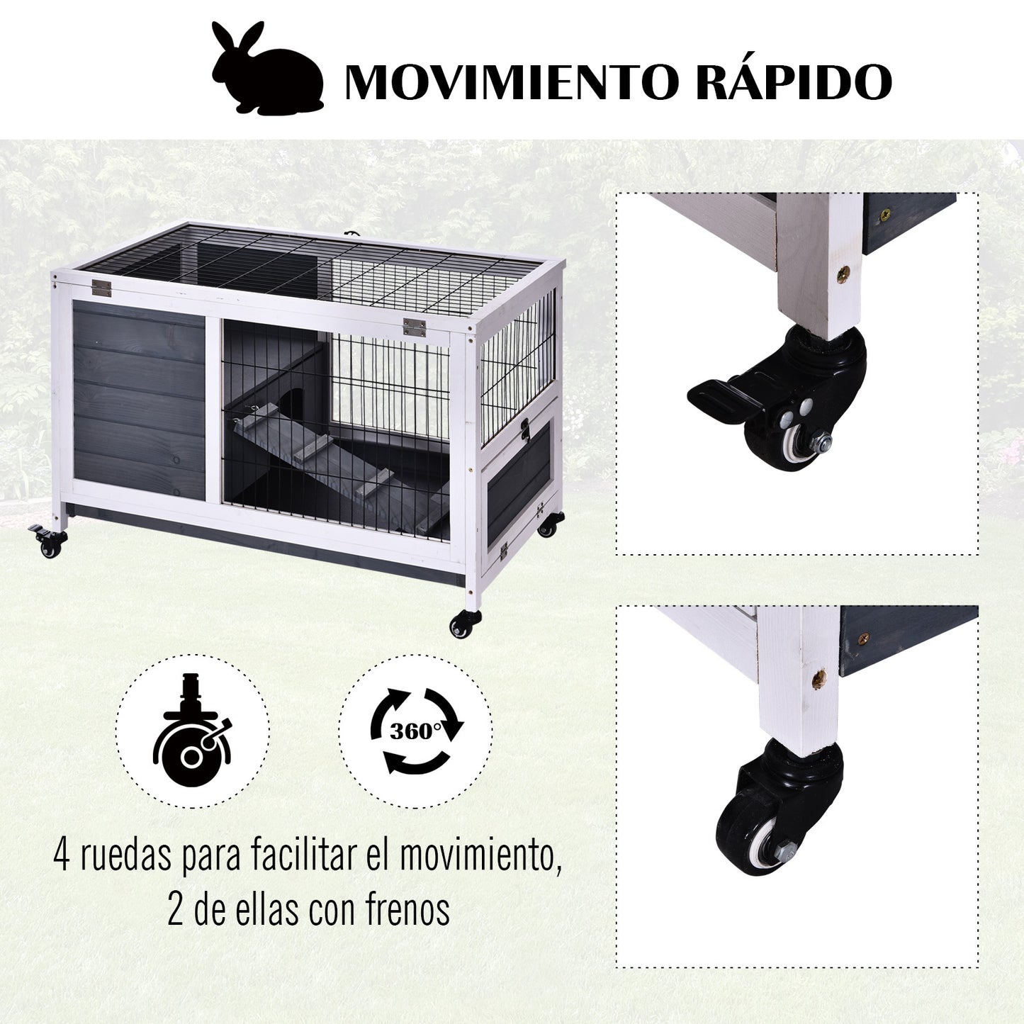 PawHut Coelheira de madeira gaiola para pequenos animais de estimação portátil com telhado de abertura rampa de bandeja removível para cobaias 90x53x59 cm cinza e branco