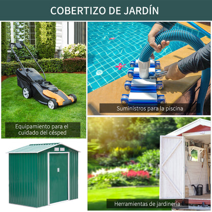 Outsunny Abrigo de Jardim 213x130x185cm Abrigo de Jardim Metálico de Exterior para Armazenamento de Ferramentas com 2 Portas Deslizantes e 4 Janelas para Terraço Verde