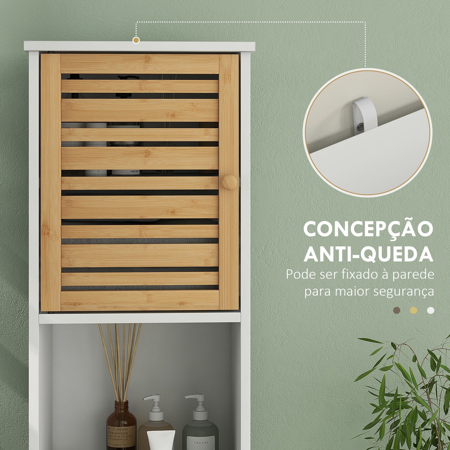 HOMCOM Coluna Casa de Banho Moderna Móvel Auxiliar Casa de Banho Armário Casa de Banho com Prateleiras Ajustáveis e Portas de Bambu Anti-Tombo 35x30x170 cm Branco e Madeira