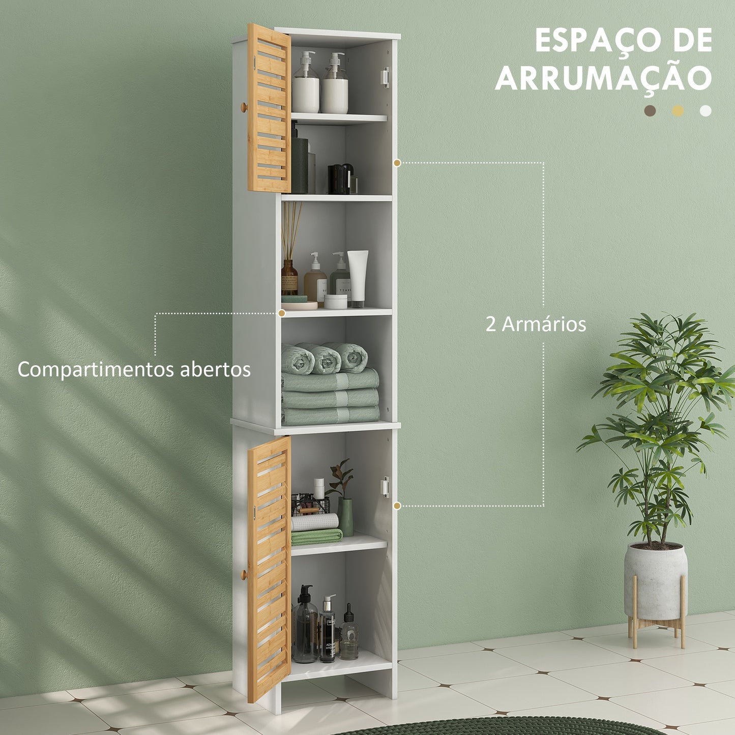 HOMCOM Coluna Casa de Banho Moderna Móvel Auxiliar Casa de Banho Armário Casa de Banho com Prateleiras Ajustáveis e Portas de Bambu Anti-Tombo 35x30x170 cm Branco e Madeira