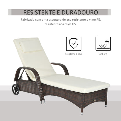 Outsunny Espreguiçadeira de Vime Jardim Espreguiçadeira com Encosto Ajustável em 5 Posições Almofadas Acolchoadas Apoio para a Cabeça e 2 Rodas 200x73x56-103cm Marrom e Bege