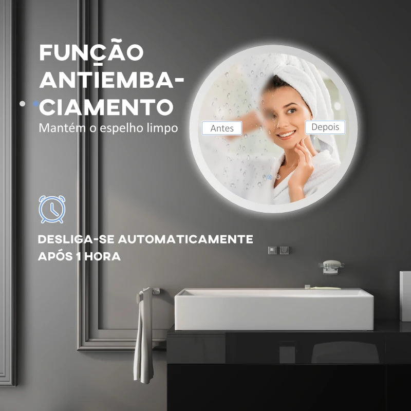 kleankin Espelho Casa de Banho Redondo com Luzes LED 70x70 cm Espelho com Iluminação Função Antiembaciamento 3 Luzes Função de Memória e Interruptor Tátil Prata