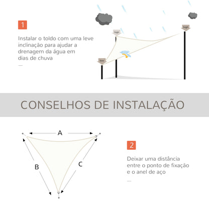 Outsunny Vela de Sombra Triangular 3x3x3 m Toldo Vela de Poliéster com Proteção UV Aneis em Forma de D e Cordas para Jardim Pátio Piscina Creme