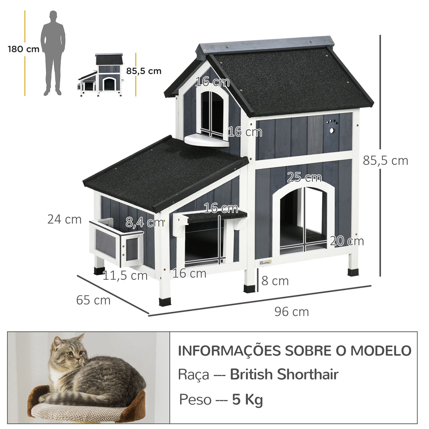 PawHut Casa para Gatos de Madeira com Suporte para Flores 96x65x85,5 cm Casa para Gatos de 2 Níveis com Teto Asfáltico Janela e Múltiplas Entradas Cinza