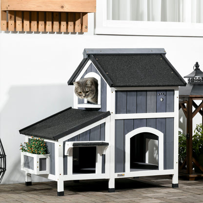 PawHut Casa para Gatos de Madeira com Suporte para Flores 96x65x85,5 cm Casa para Gatos de 2 Níveis com Teto Asfáltico Janela e Múltiplas Entradas Cinza