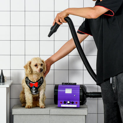 PawHut Secado de Pelo para Cães 2800W Secador de Pelo para Animais de Estimação com Temperatura e Velocidade Ajustável 3 Bicos Tubo Flexível 2,1m e Alça de Transporte 40x16x20cm Roxo