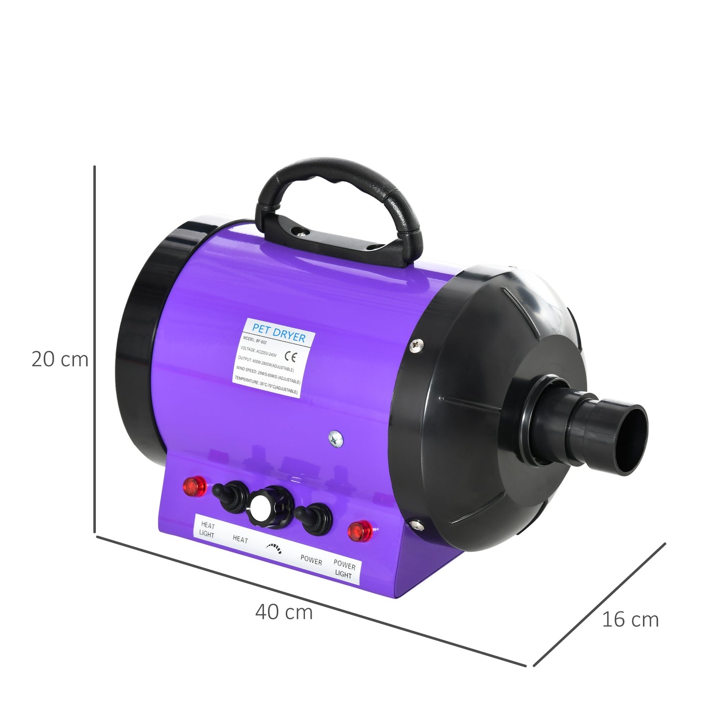 PawHut Secado de Pelo para Cães 2800W Secador de Pelo para Animais de Estimação com Temperatura e Velocidade Ajustável 3 Bicos Tubo Flexível 2,1m e Alça de Transporte 40x16x20cm Roxo