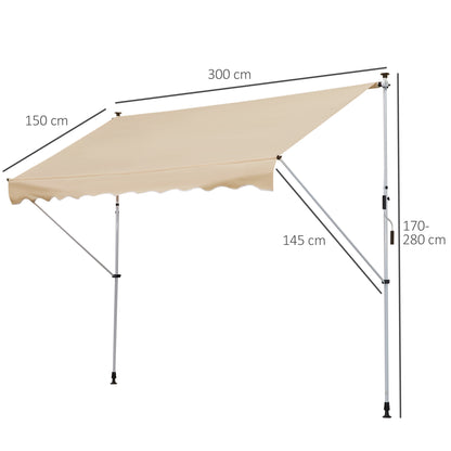 Outsunny Toldo Manual Retrátil para Exterior 300x150x170-280cm Toldo Enrolável Altura Ajustável com Manivela Proteção Solar para Terraço Balcão Jardim Bege