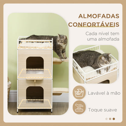 PawHut Casa para Gatos de 3 Níveis Cama Caverna para Gatos de Madeira com 2 Arranhadores 3 Almofadas Laváveis e Cama Superior 40x40x84 cm Madeira