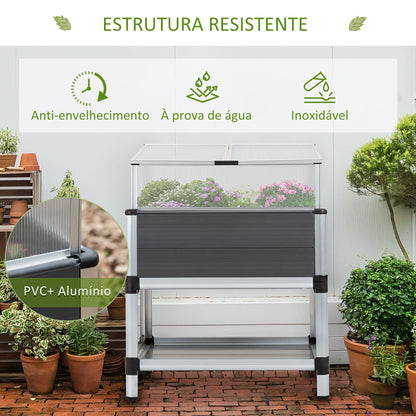 Outsunny Horta Elevada de Alumínio 78,5x61x99,5 Estufa com Cobertura de Policarbonato Teto Retrátil e Prateleira Inferior para Cultivos de Plantas e Flores Cinza