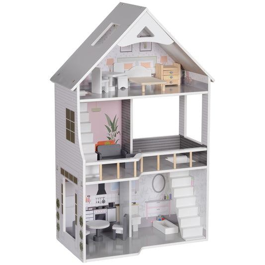 AIYAPLAY Casa de Bonecas com Móveis e Acessórios Casa de Bonecas de Madeira com 3 Andares Brinquedo para Meninas e Meninos acima de 3 Anos 53,5x29,1x85,3 cm Multicor