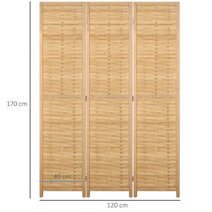 Biombo de 3 Paineis Separador de Ambientes Dobrável 120x1,8x170 cm Divisor de Ambientes com Padrão Tecido em Bambu Estilo Rústico para Escritório Dormitório Sala de Estar Madeira