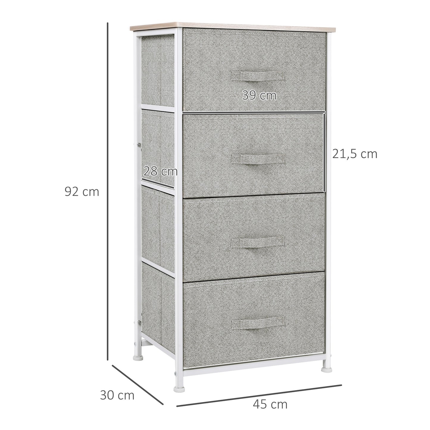 HOMCOM Organizador de Cômoda com 4 Gavetas Mesa de cabeceira para quarto Sala de estar Armário com gavetas 45x30x92cm