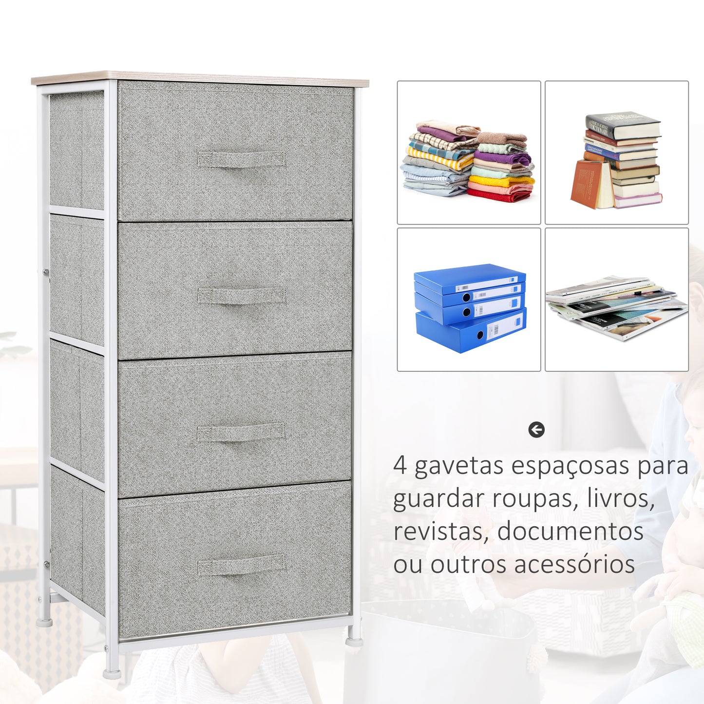 HOMCOM Organizador de Cômoda com 4 Gavetas Mesa de cabeceira para quarto Sala de estar Armário com gavetas 45x30x92cm