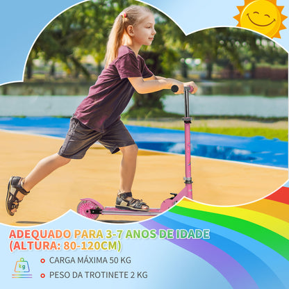 HOMCOM Trotinete para Crianças Dobrável Trotinete Infantil com Luzes e Música 4 Alturas Ajustável Rodas Brilhantes e Pedal LED para 3-7 Anos Carga 50 kg 67x32x65-78 cm Rosa