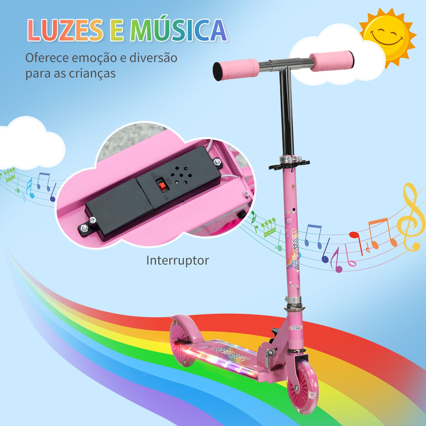 HOMCOM Trotinete para Crianças Dobrável Trotinete Infantil com Luzes e Música 4 Alturas Ajustável Rodas Brilhantes e Pedal LED para 3-7 Anos Carga 50 kg 67x32x65-78 cm Rosa