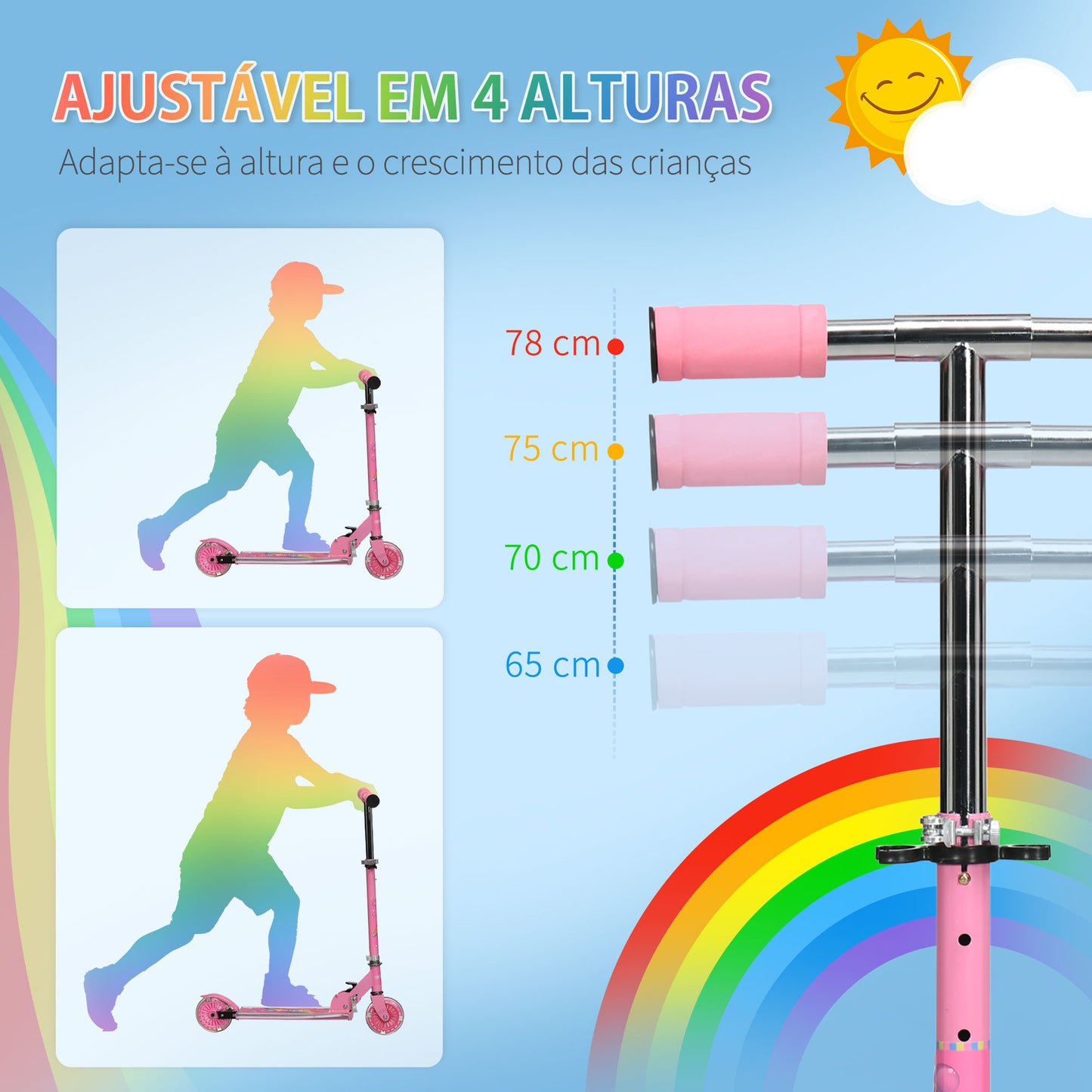 HOMCOM Trotinete para Crianças Dobrável Trotinete Infantil com Luzes e Música 4 Alturas Ajustável Rodas Brilhantes e Pedal LED para 3-7 Anos Carga 50 kg 67x32x65-78 cm Rosa