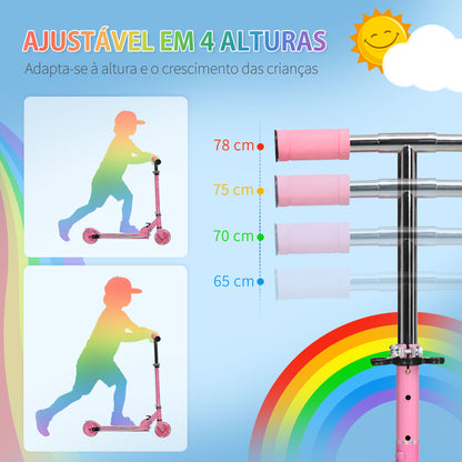 HOMCOM Trotinete para Crianças Dobrável Trotinete Infantil com Luzes e Música 4 Alturas Ajustável Rodas Brilhantes e Pedal LED para 3-7 Anos Carga 50 kg 67x32x65-78 cm Rosa