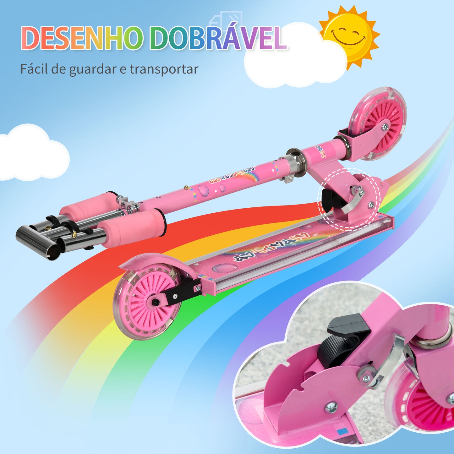 HOMCOM Trotinete para Crianças Dobrável Trotinete Infantil com Luzes e Música 4 Alturas Ajustável Rodas Brilhantes e Pedal LED para 3-7 Anos Carga 50 kg 67x32x65-78 cm Rosa