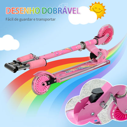 HOMCOM Trotinete para Crianças Dobrável Trotinete Infantil com Luzes e Música 4 Alturas Ajustável Rodas Brilhantes e Pedal LED para 3-7 Anos Carga 50 kg 67x32x65-78 cm Rosa