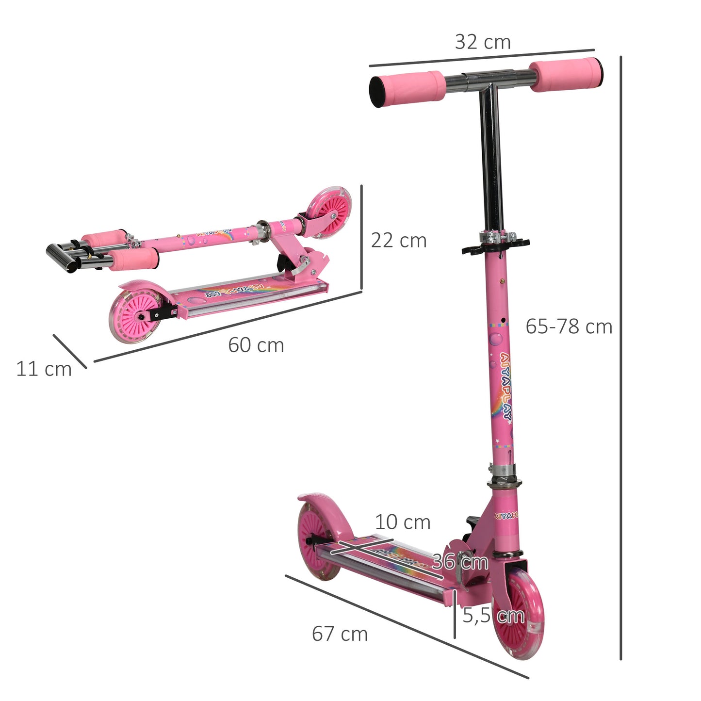 HOMCOM Trotinete para Crianças Dobrável Trotinete Infantil com Luzes e Música 4 Alturas Ajustável Rodas Brilhantes e Pedal LED para 3-7 Anos Carga 50 kg 67x32x65-78 cm Rosa