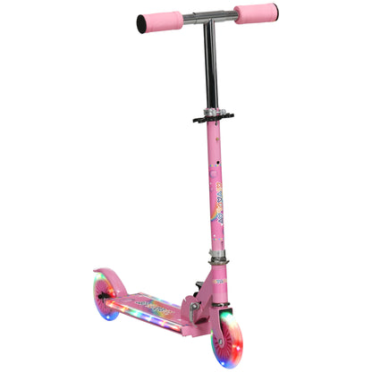 HOMCOM Trotinete para Crianças Dobrável Trotinete Infantil com Luzes e Música 4 Alturas Ajustável Rodas Brilhantes e Pedal LED para 3-7 Anos Carga 50 kg 67x32x65-78 cm Rosa